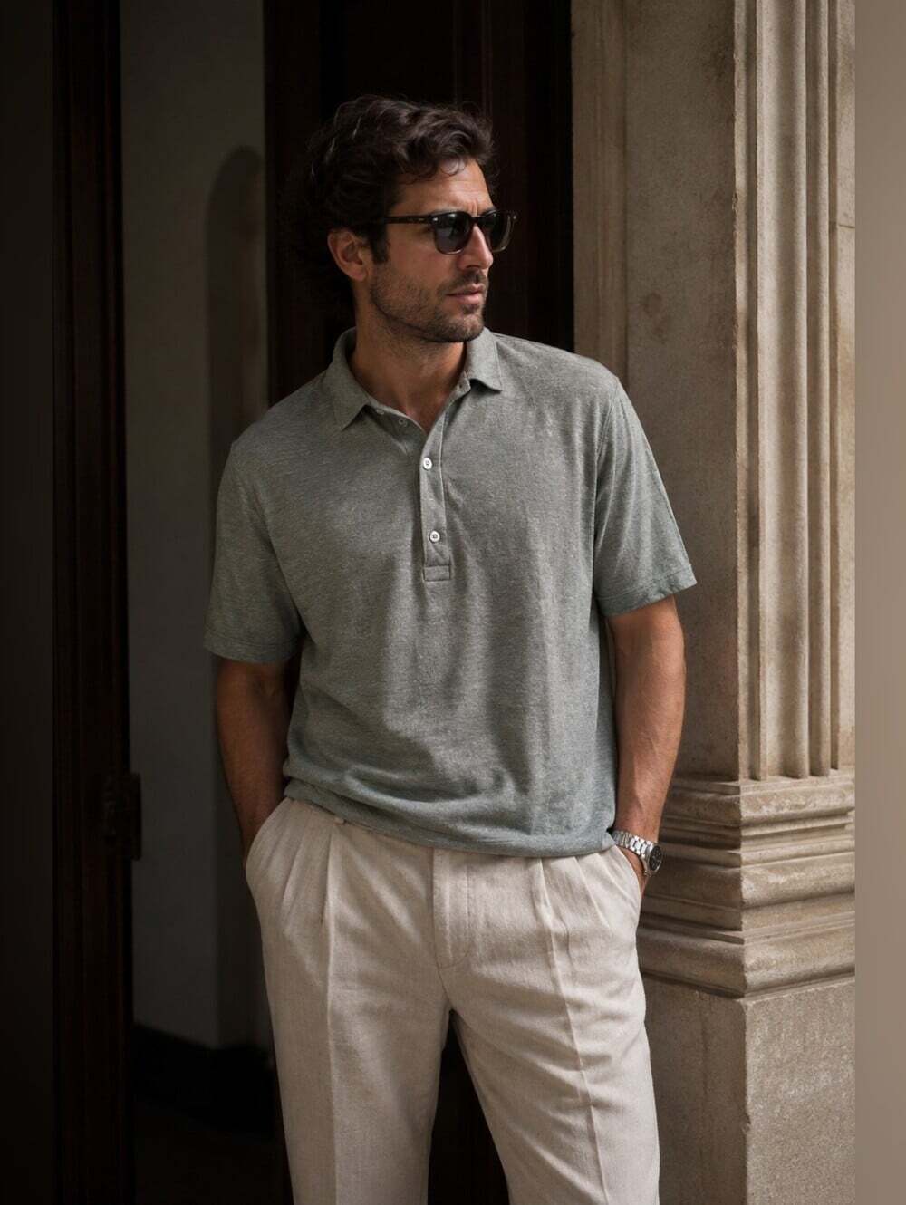Christian Lacroix Men’s 100% Linen Polo Shirt Green Size L Luxury Designer
